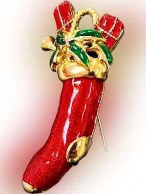 Vintage Christmas Stocking Brooch Red Enamel AAi Style Holiday Pin Gifts Santa